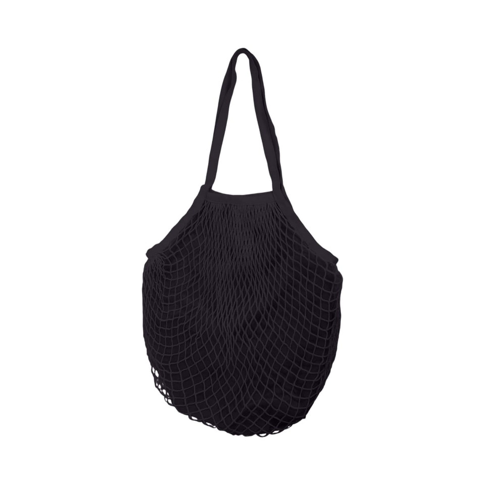 A black mesh grocery bag with a spacious inner compartment and two sturdy handles for easy carrying.