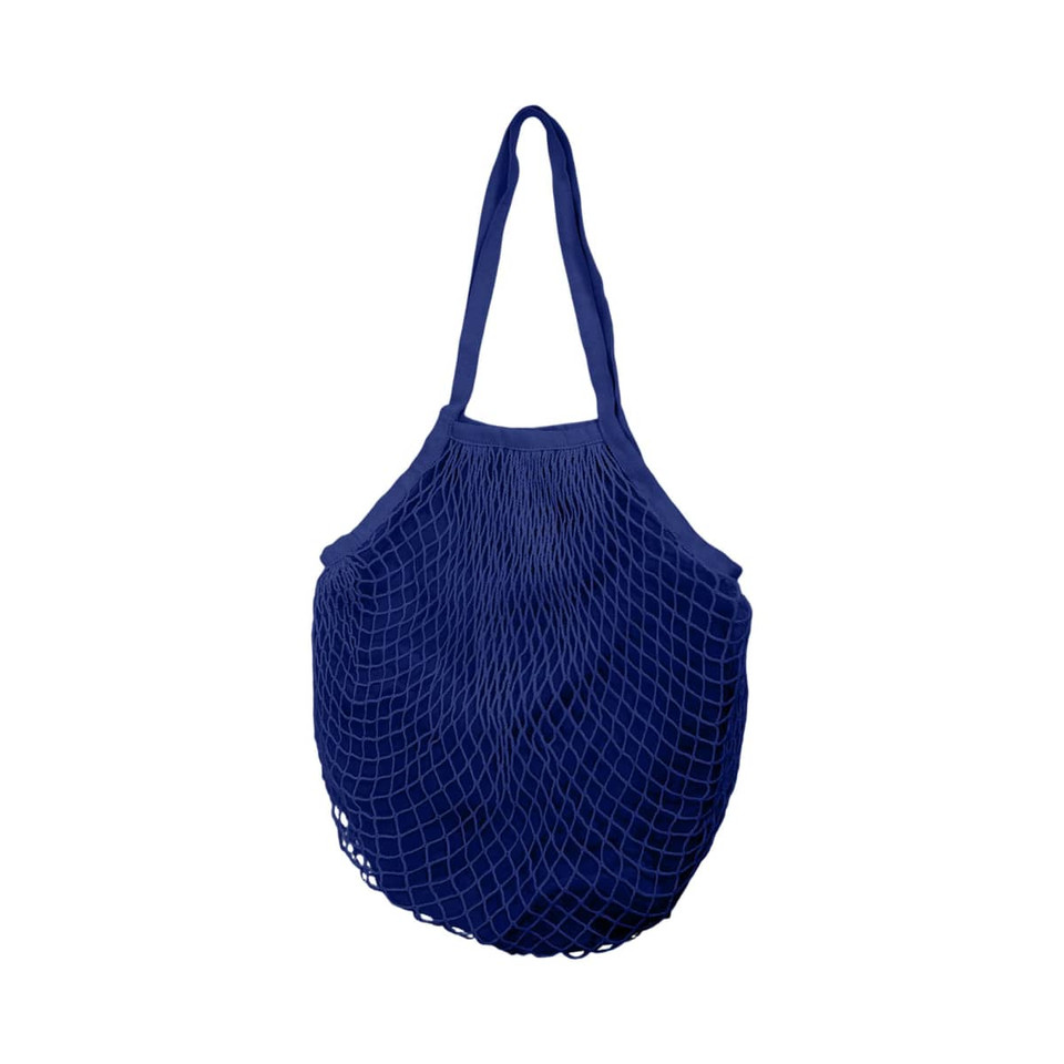 A navy blue mesh grocery bag with inner lining, featuring two sturdy shoulder straps.