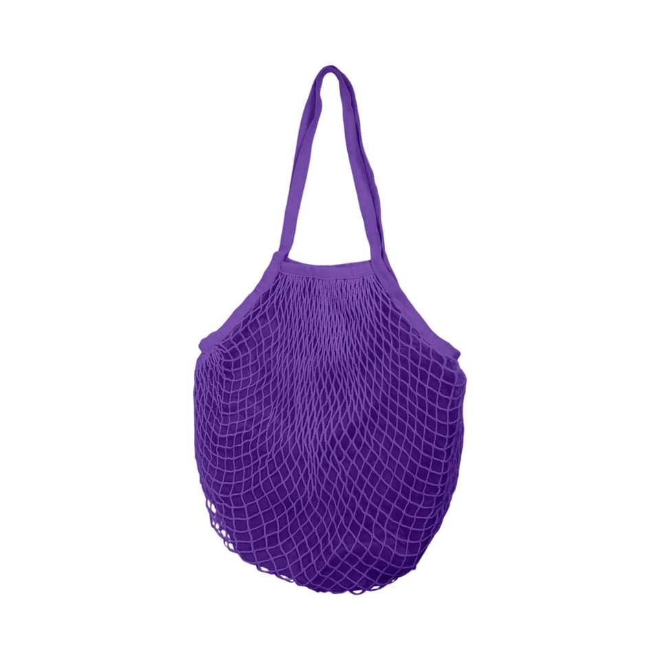 A purple mesh grocery bag with a spacious inner compartment and two shoulder straps. It has a woven design and a logo.
