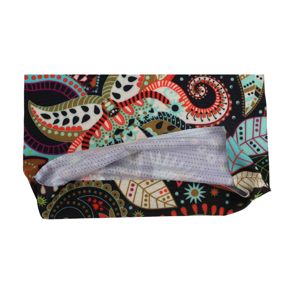 A colourful UPF 50+ perforated ice silk neck gaiter with a vibrant patterned design. It features an inner lining for comfort.