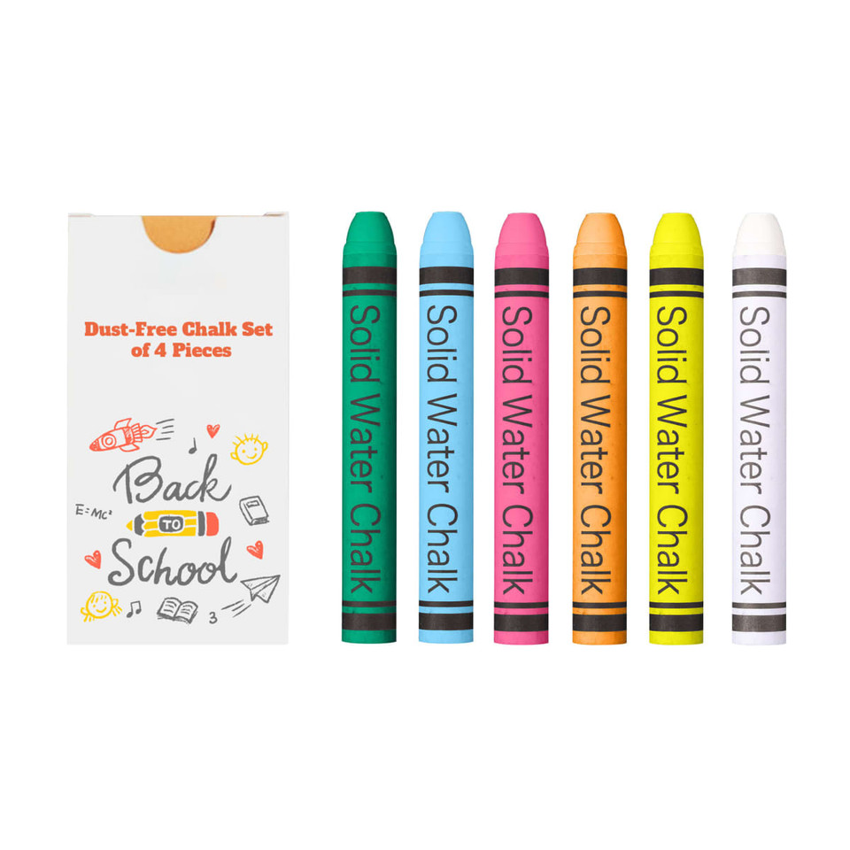 A chalk set featuring four sticks in pink, yellow, white, and orange, packaged in a box with a logo.