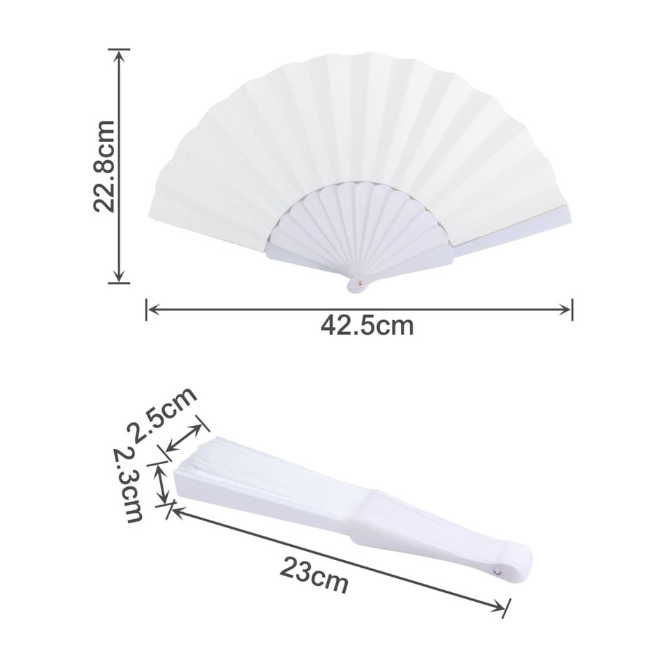 A white hand-held paper fan, elegantly folded, with measurements indicated for its size. It features a simple handle and design.