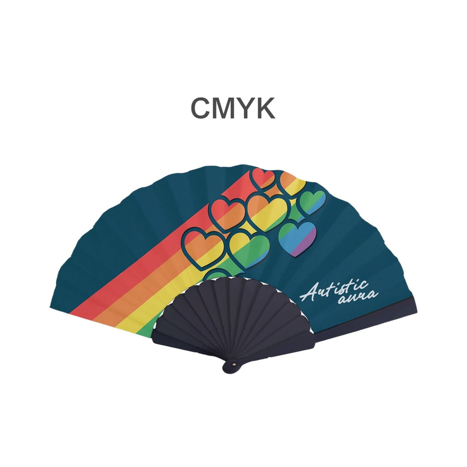 A paper hand-held fan with a blue background, featuring rainbow hearts and a black handle. It has a logo.