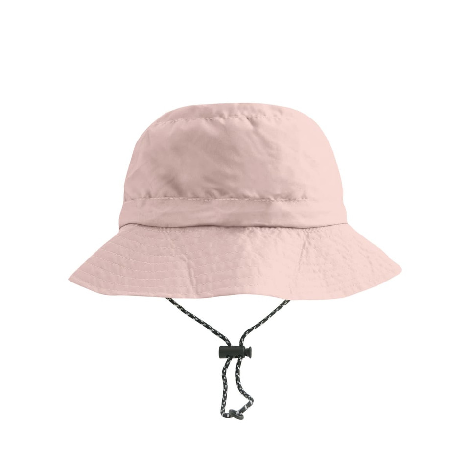 A foldable bucket hat in a light pink colour with a drawstring for adjustment. Includes a logo on the side.