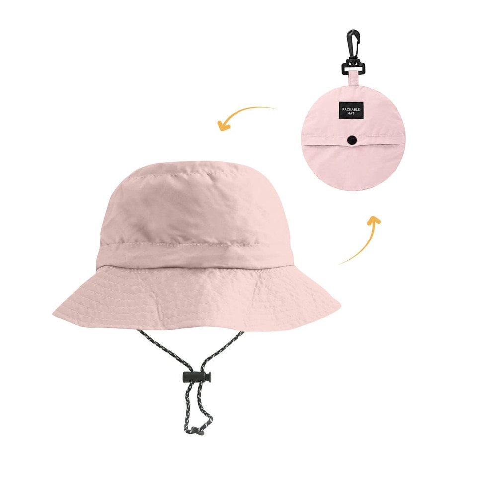 A pink foldable bucket hat with a chin strap and a logo, shown in both full and compact form.