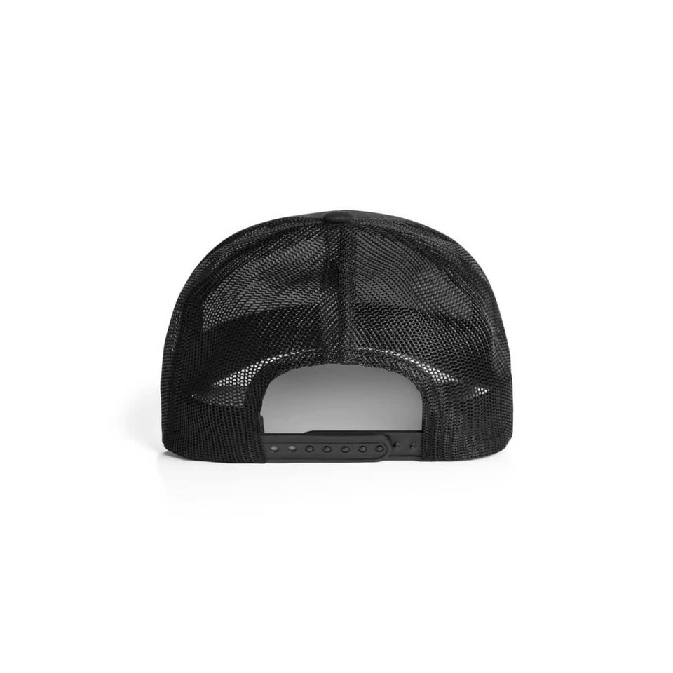 A black Mesh Trucker Cap featuring a mesh back and an adjustable snap closure.