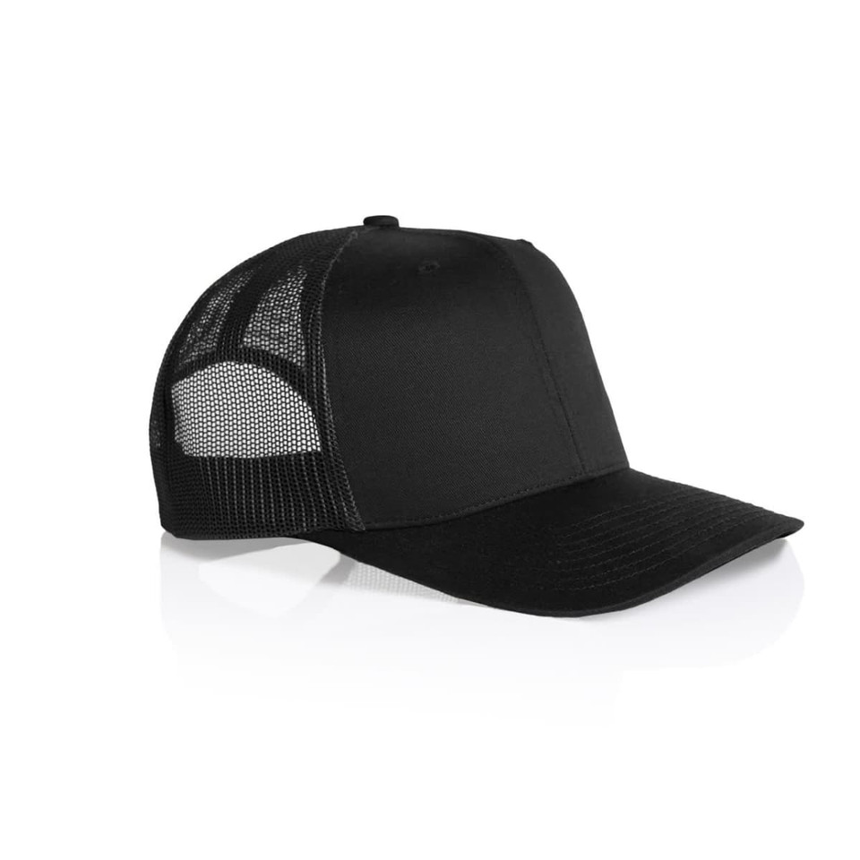 A black mesh trucker cap featuring a solid front panel and a breathable mesh back. It has a branded logo.