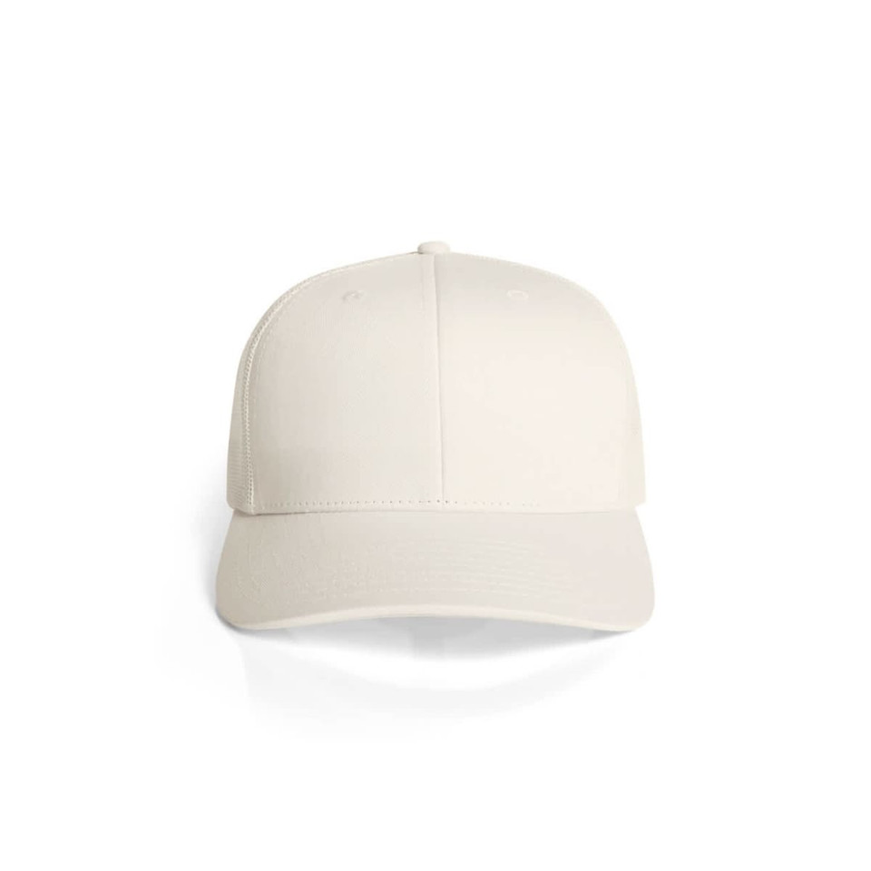 A white mesh trucker cap with a solid front panel and a curved brim, featuring an unobtrusive logo.