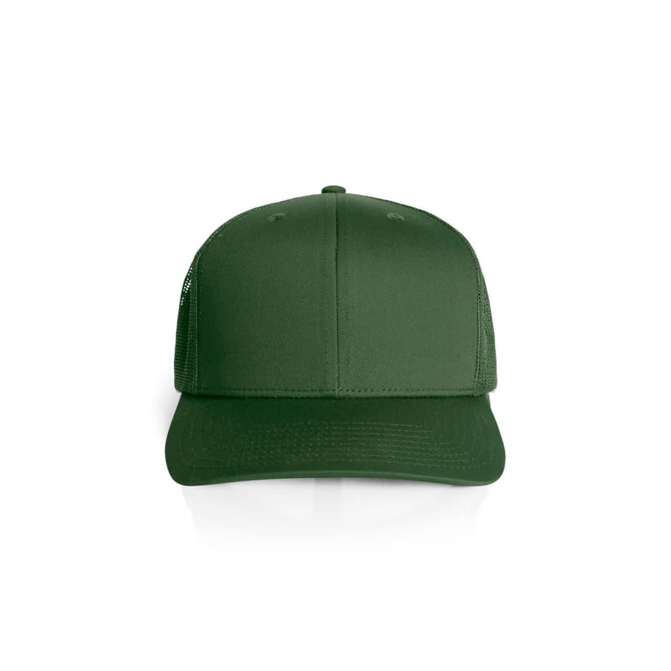 A green mesh trucker cap featuring a structured front and breathable mesh sides, with an adjustable strap.