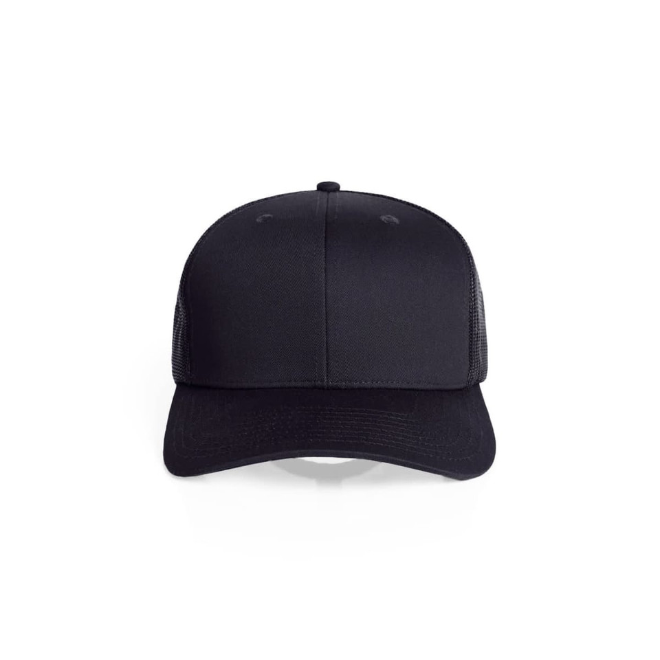 A black mesh trucker cap featuring a solid front panel and mesh sides, with a logo on the front.