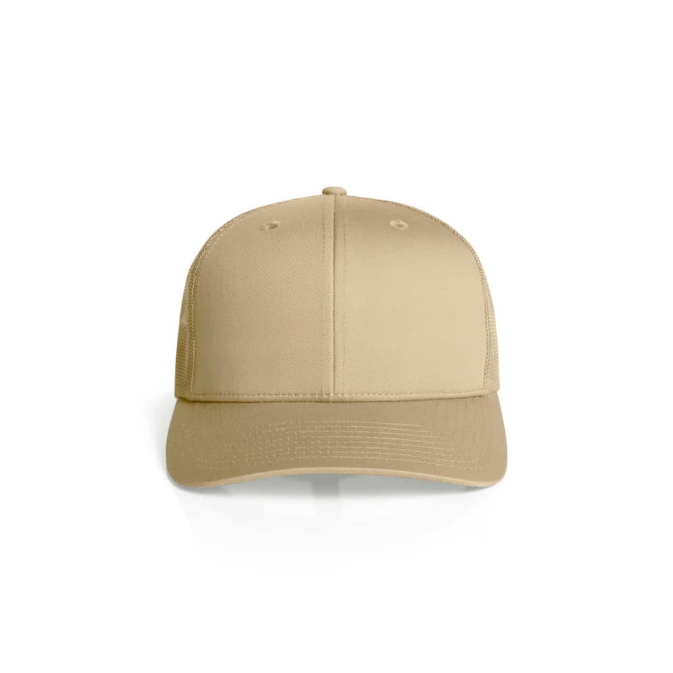 A beige mesh trucker cap with a solid front panel and breathable mesh back. Features a logo on the front.