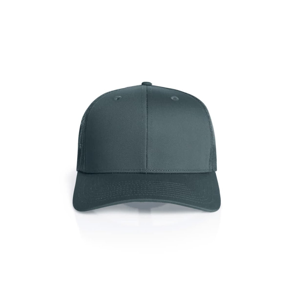 A dark teal Mesh Trucker Cap with a solid front panel and mesh back, featuring a subtle logo.