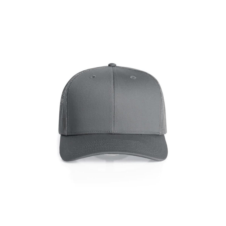 A grey mesh trucker cap with a solid front and mesh sides, featuring a curved peak and an adjustable strap.