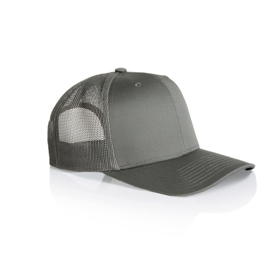 A grey mesh trucker cap with a solid front panel and mesh back, featuring a brand logo.