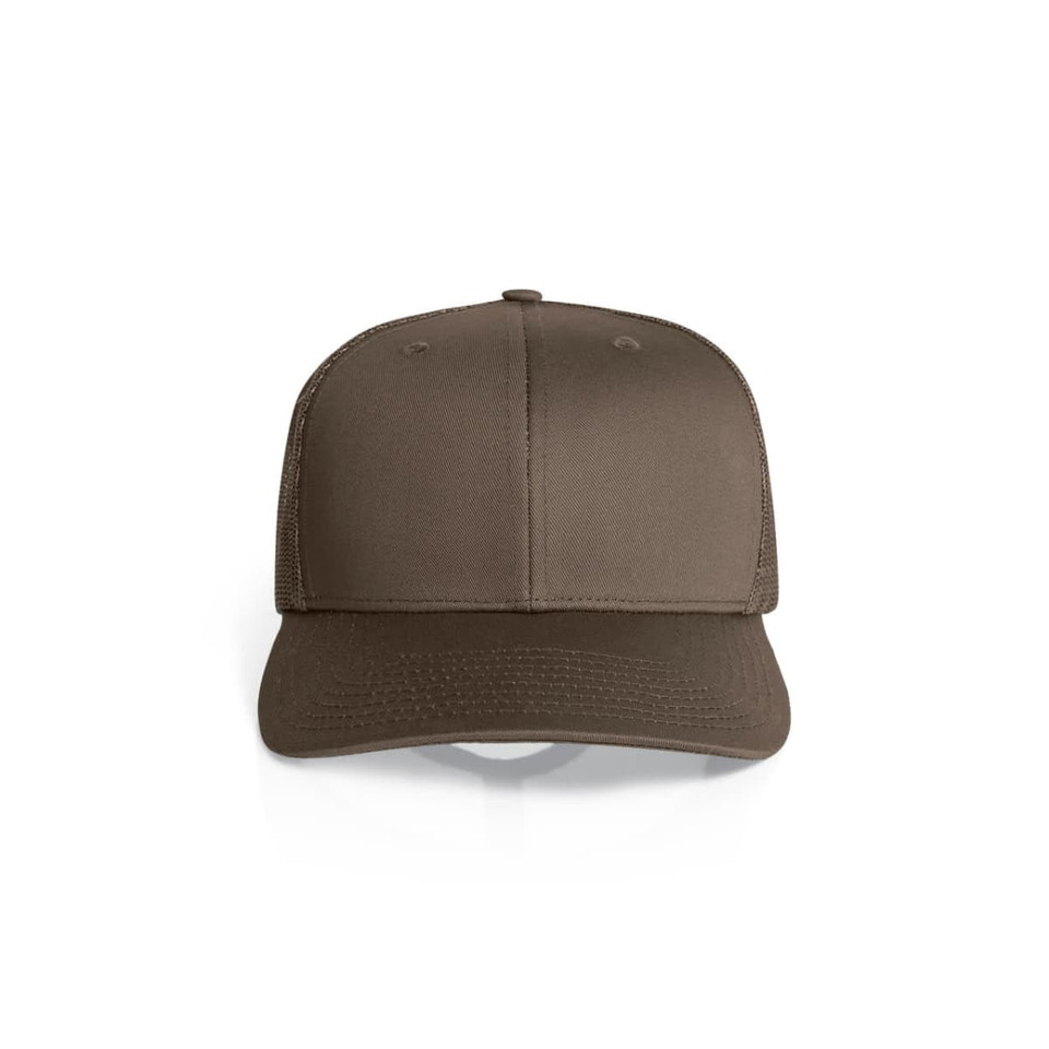 A brown mesh trucker cap with a solid front panel and mesh back. Features a logo on the front.