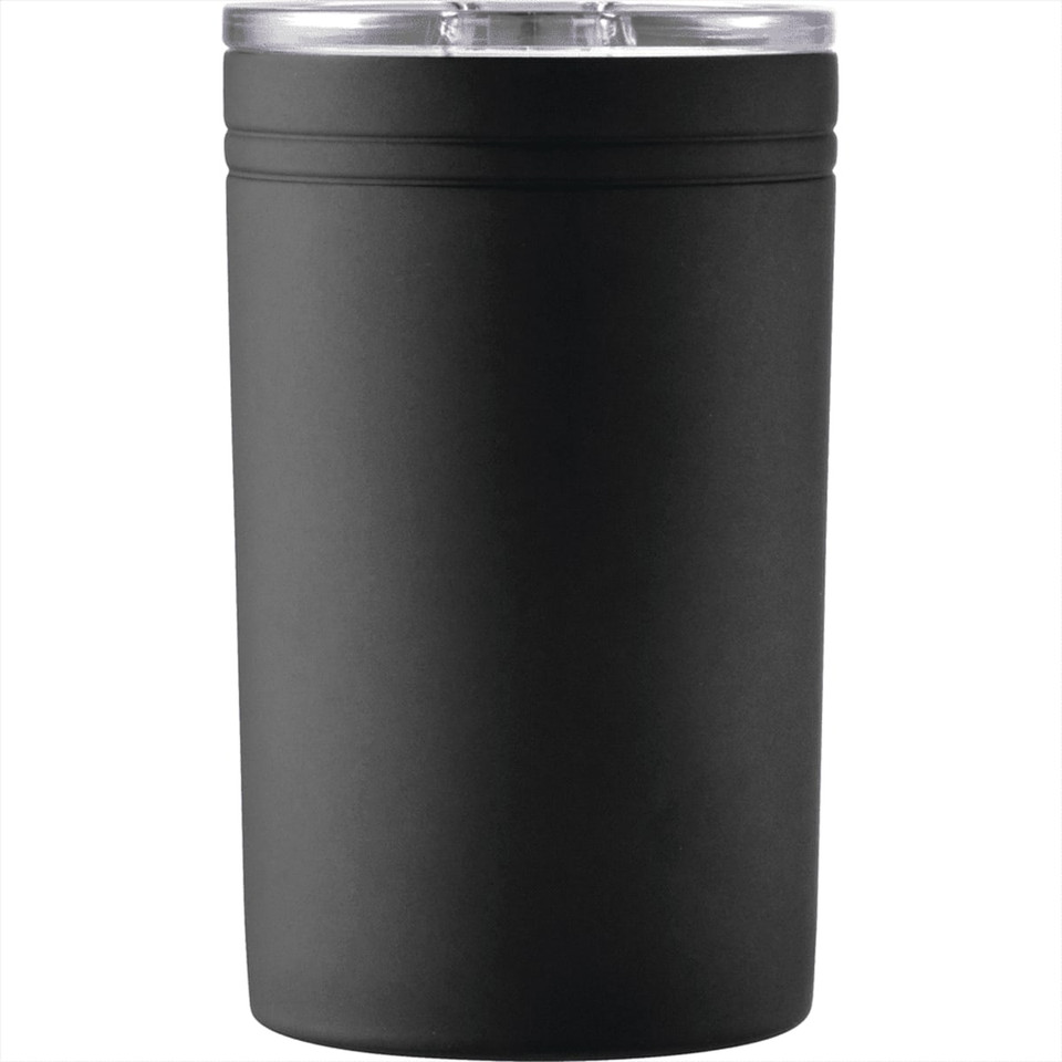 A drink bottle in matte black with a transparent lid, featuring a branded design.