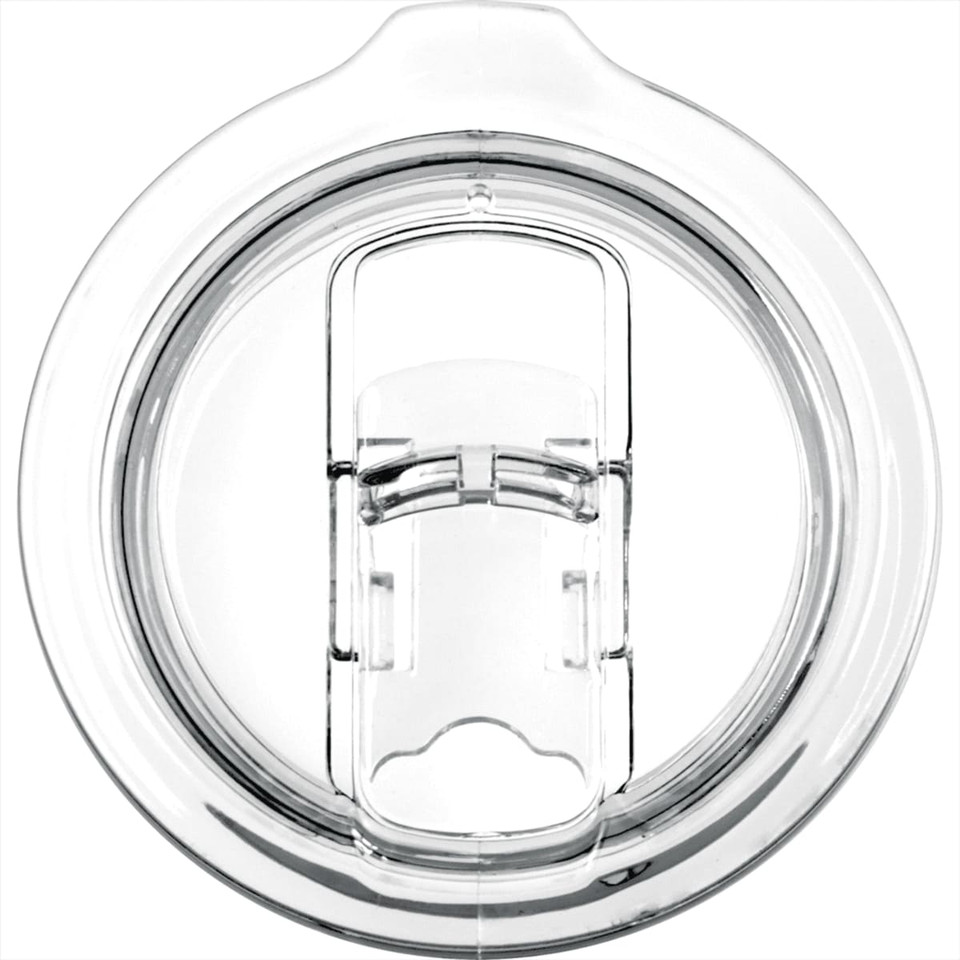 A drink bottle lid with a clear plastic design and a sliding opening mechanism, featuring a logo.