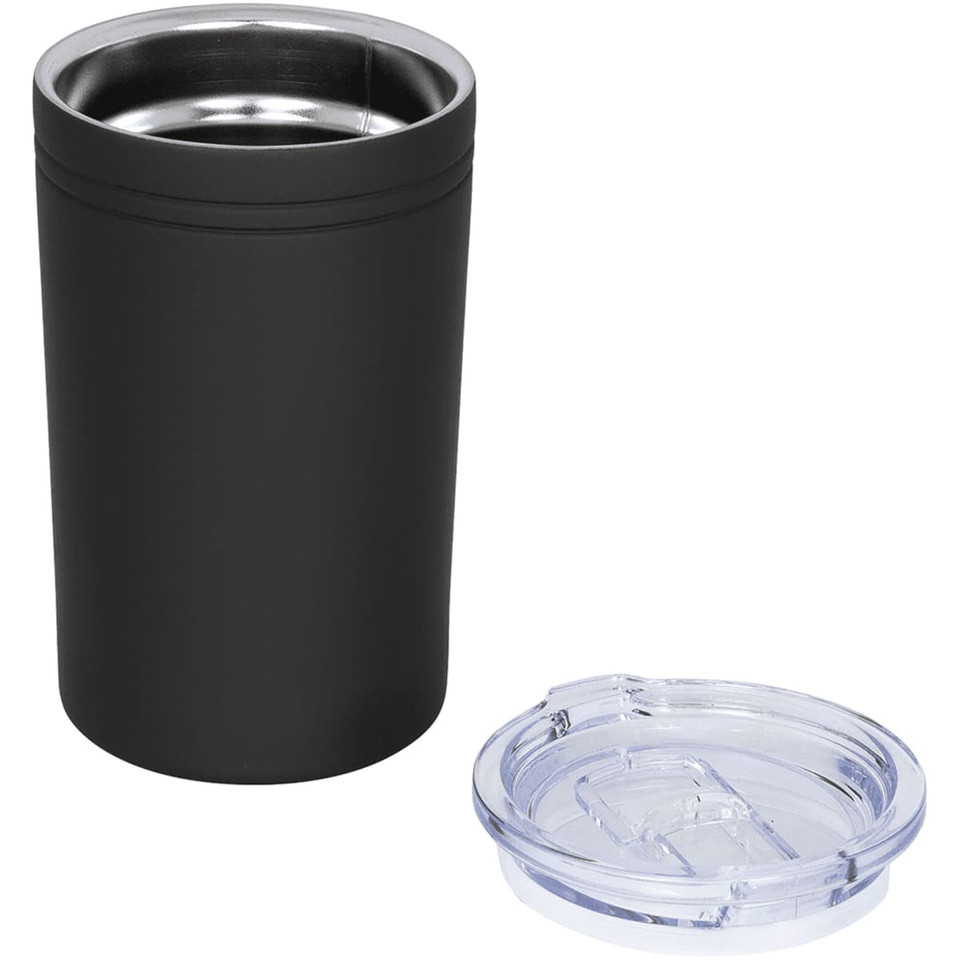 A drink bottle with a matte black exterior and stainless steel interior, paired with a clear lid.
