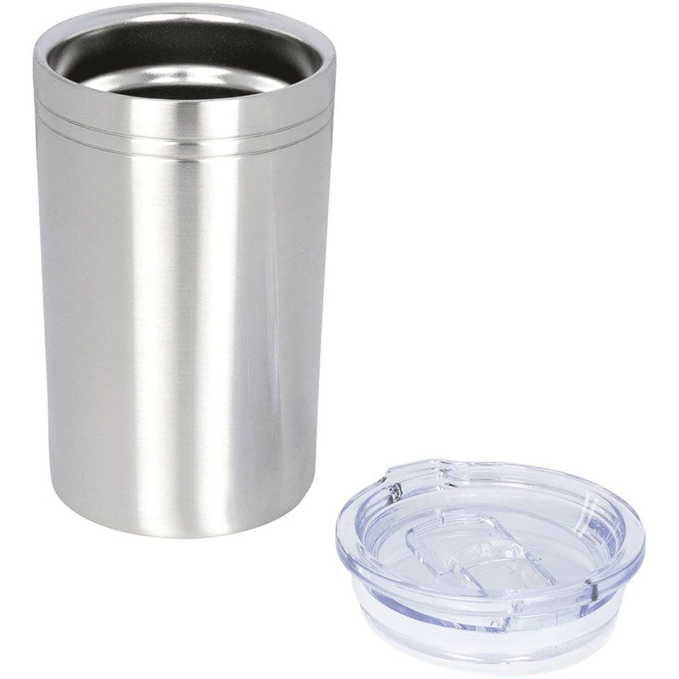 A drink bottle in stainless steel with a clear lid, ideal for keeping beverages hot or cold.