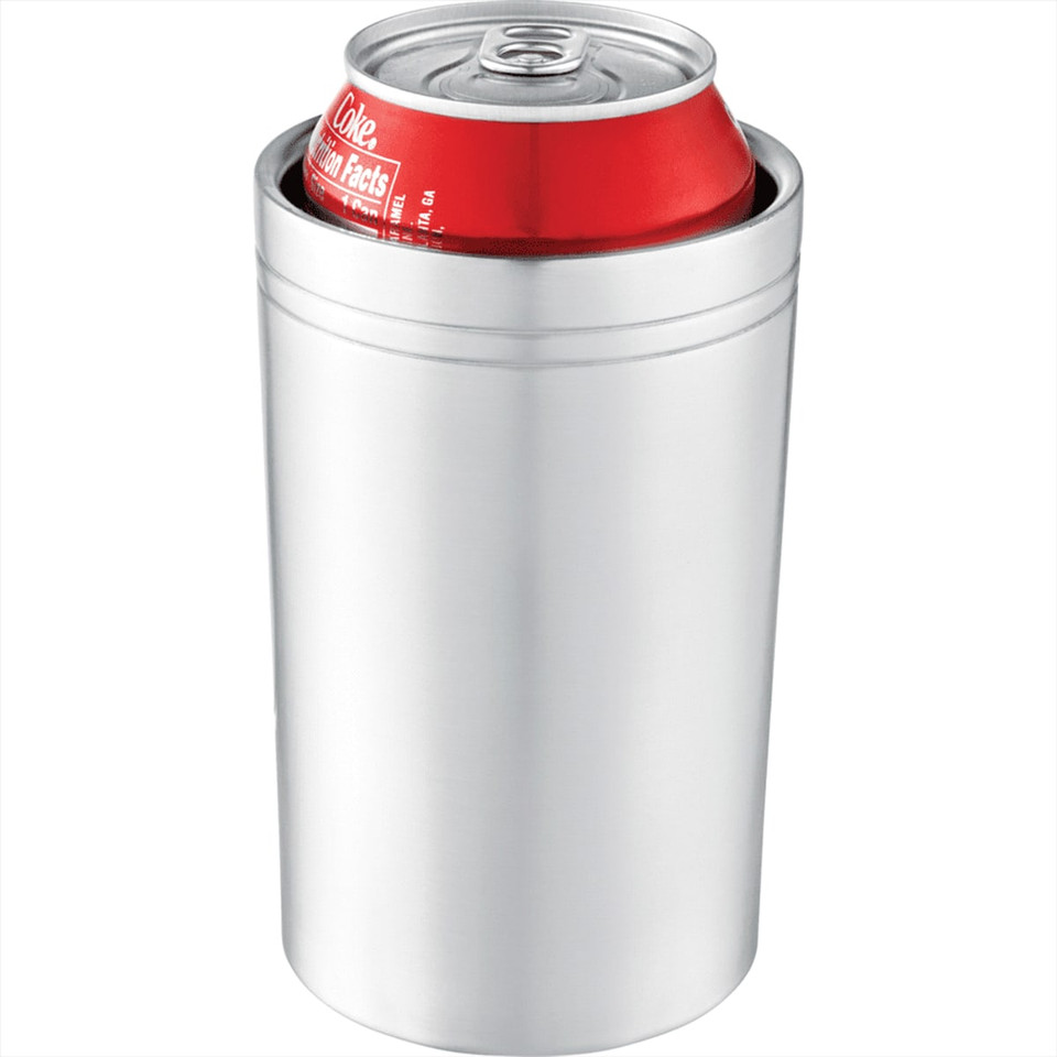 A drink bottle in silver, designed to hold a can, featuring a logo on the surface.