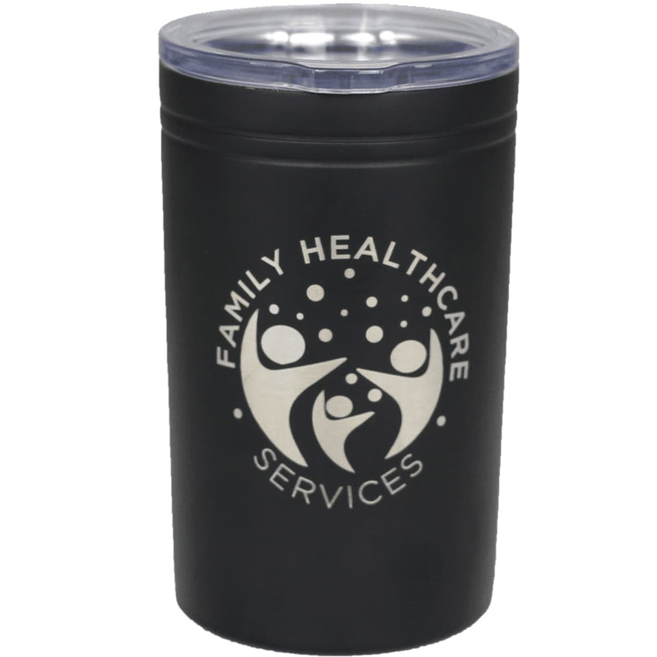A drink bottle in black with a transparent lid and a logo on the front, suitable for hot or cold beverages.