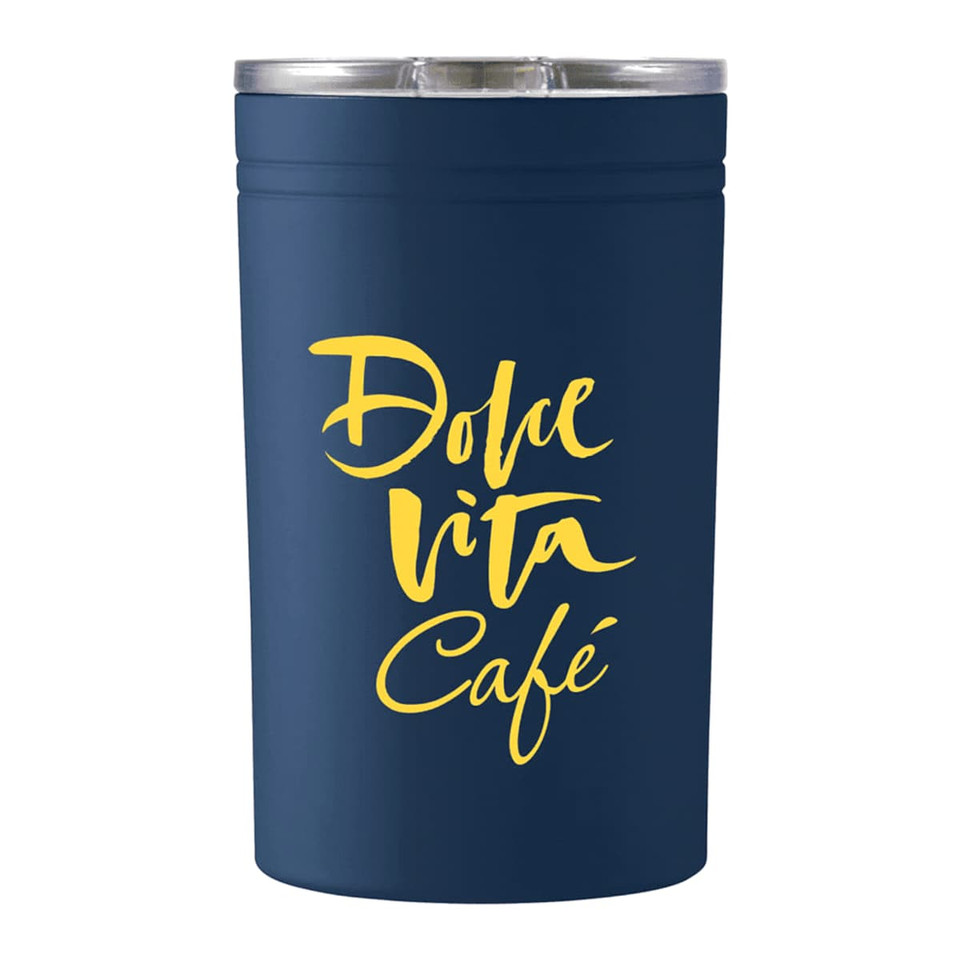 A drink bottle in navy blue with a clear lid and a logo featuring yellow text.