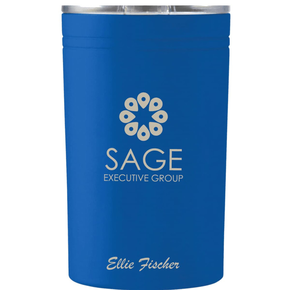 A drink bottle in blue, featuring a metal design and a logo. The capacity is 325ml.
