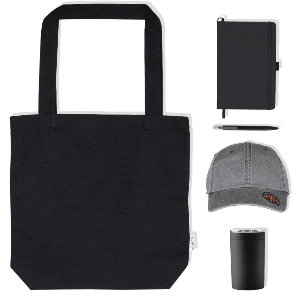 A black tote bag, grey cap, notebook, pen, and stainless steel drink container arranged together.