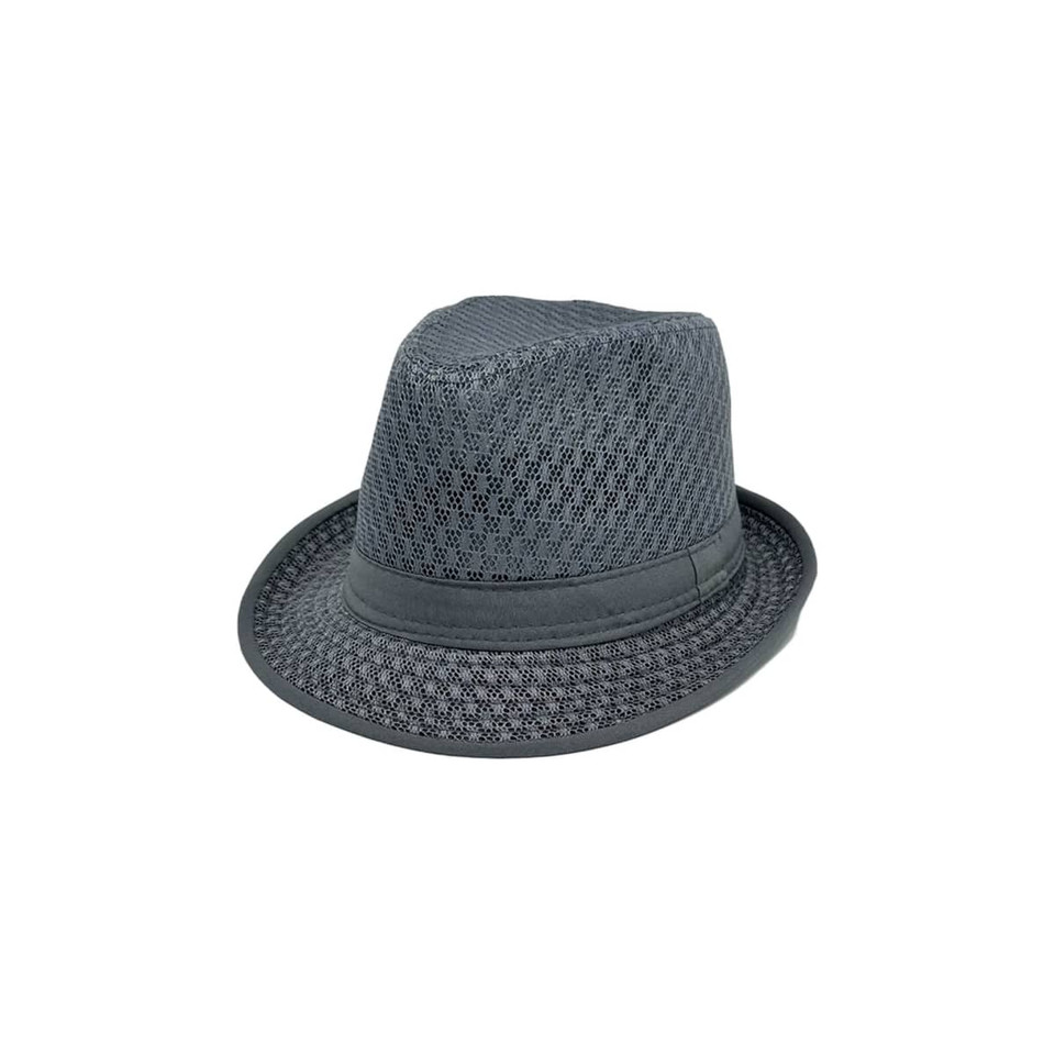 A grey mesh breathable top hat with a stylish brim and a smooth band. It features a logo on the side.