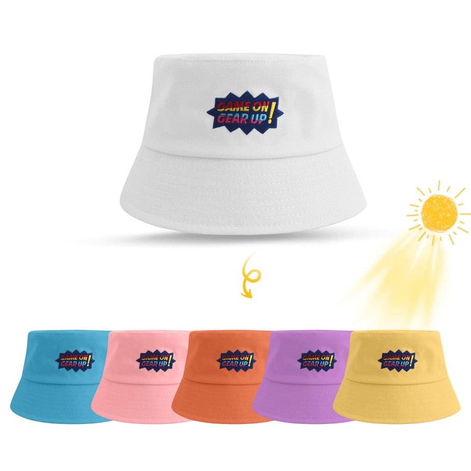 A colour-changing bucket hat in white with a logo, surrounded by pink, peach, purple, and blue variants.