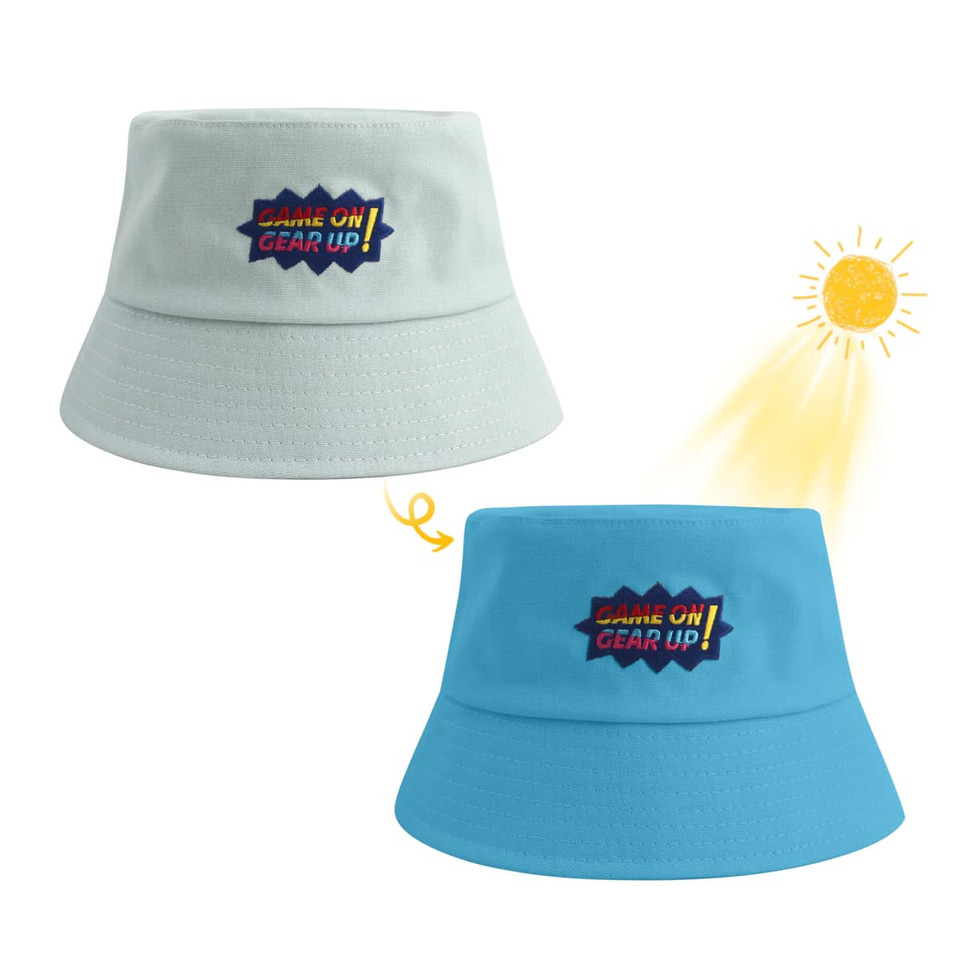 A colour changing bucket hat in light blue and darker blue with a logo on the front.