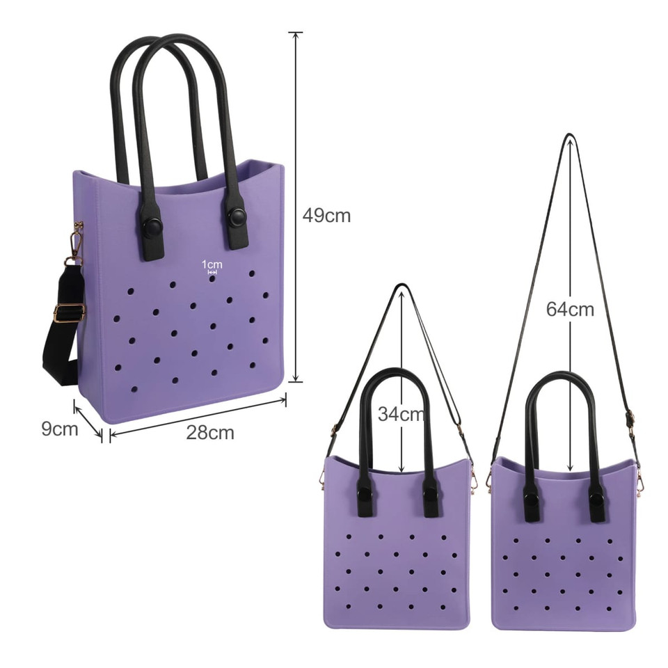 A purple tote bag with perforations, featuring black handles and a detachable strap. Dimensions included in the image.