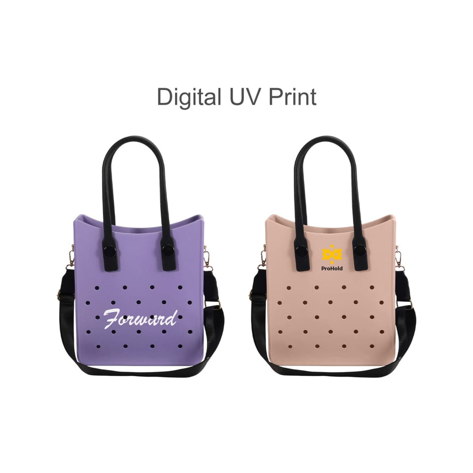 A purple tote bag with holes and black handles, alongside a pink tote bag with holes and black straps, both featuring logos.