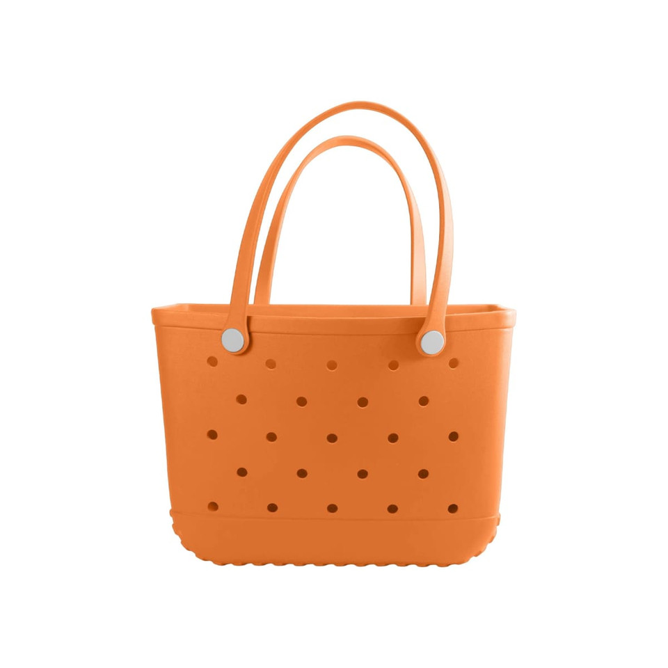 An orange EVA beach bag with perforated sides and two handles. It features a simple, modern design.