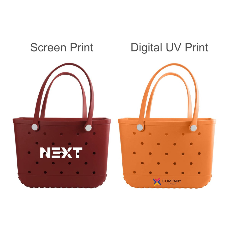 A maroon EVA beach bag with a logo and an orange EVA beach bag with polka dots and a logo.