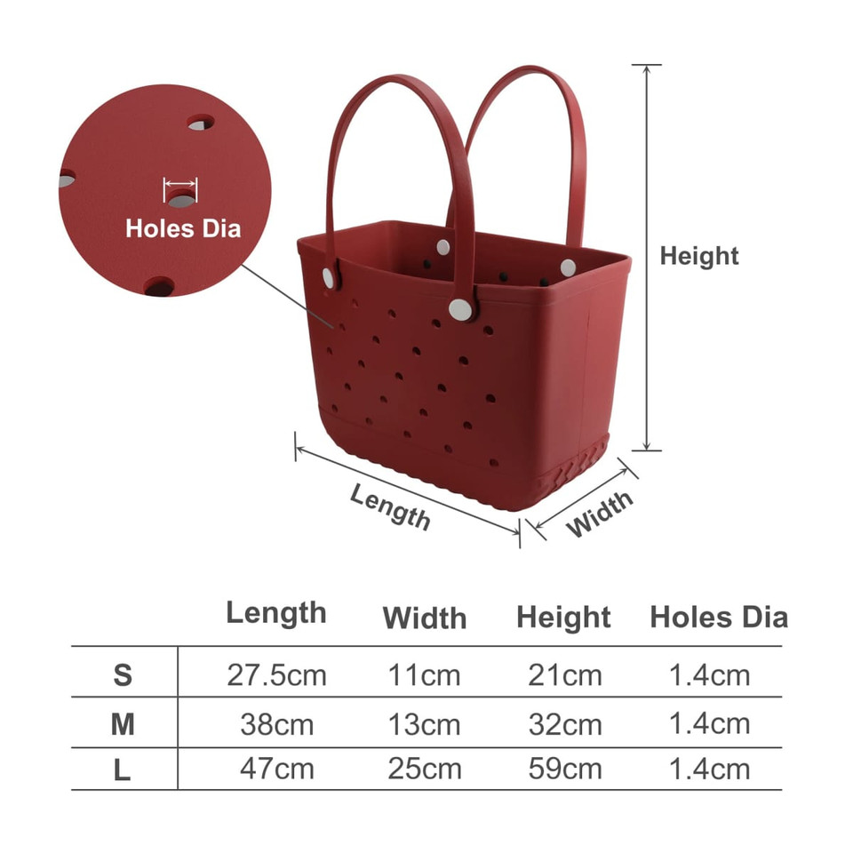 A red EVA beach bag with holes, featuring two straps and dimensions provided in a table format.