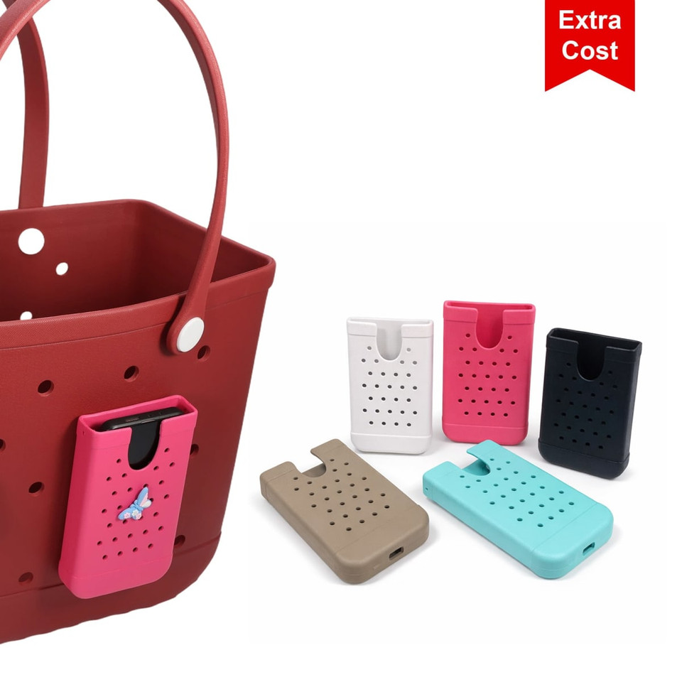A red EVA tote bag with holes, featuring a matching plastic insert. Available in various colours: pink, white, beige, turquoise, and black.
