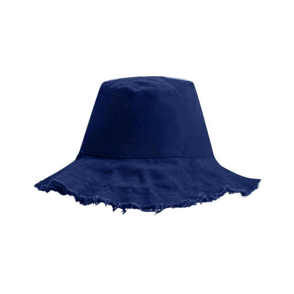 A navy blue bucket hat with a raw edged brim and no visible logo.