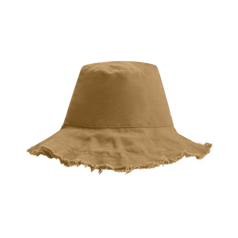 A raw edge bucket hat in a warm tan colour, featuring a frayed brim and an attached logo.