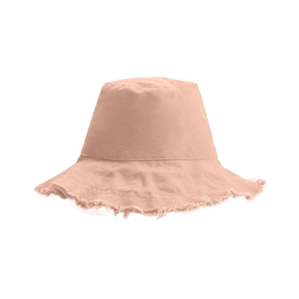 A raw edge bucket hat in a soft pink colour with a frayed brim. It features a logo on the side.
