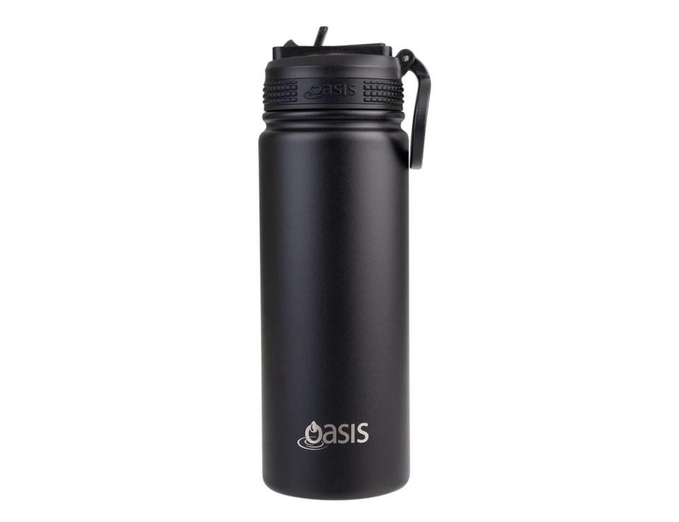 A drink bottle featuring a black matte finish, a sipper spout, and a secure cap, with a logo on the body.