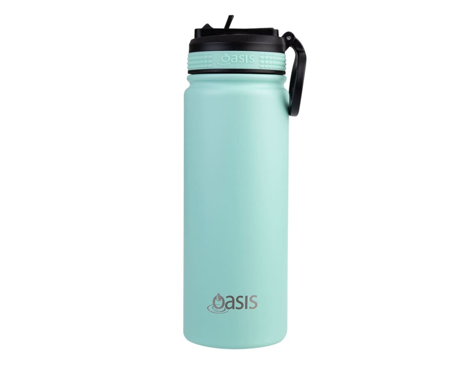 A drink bottle in a light blue colour with a spout lid and a black handle, featuring a logo on the body.