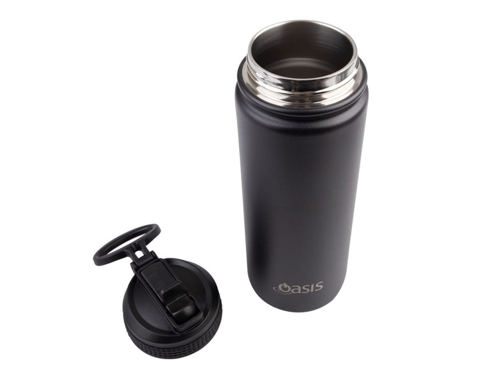 A drink bottle in matte black with a removable spout lid and a stainless steel inner lining. Features a logo.