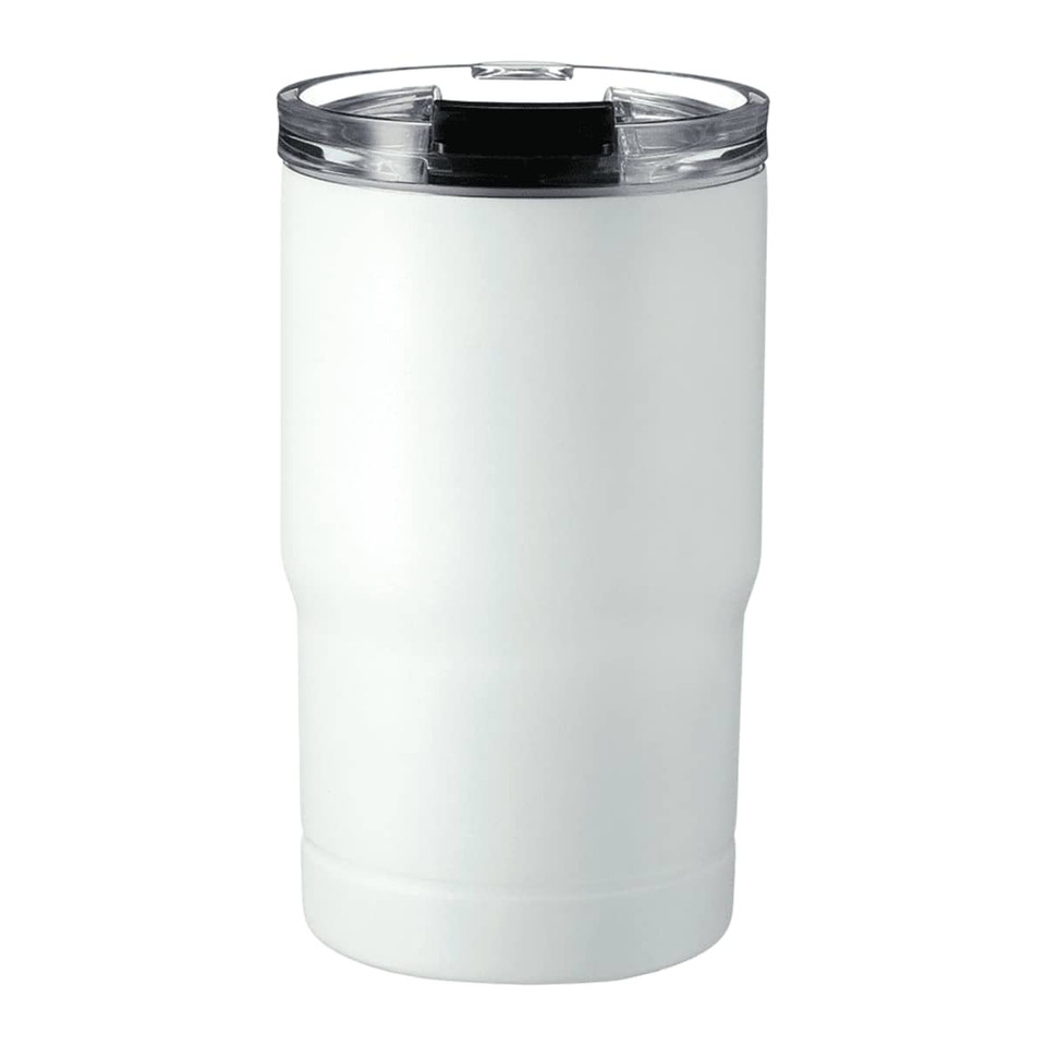 A drink bottle in white with a clear lid and a logo, designed as a vacuum tumbler and cooler.