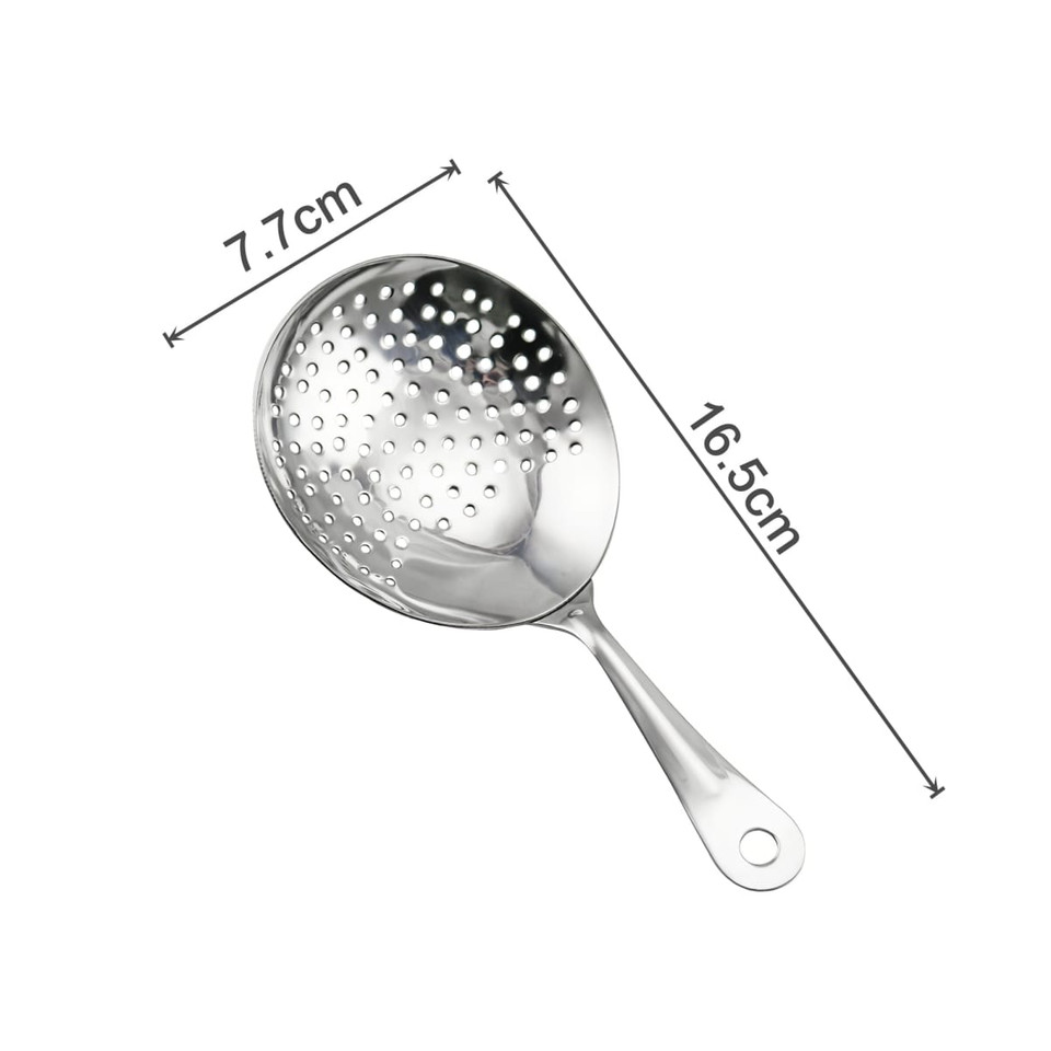 A stainless steel cocktail strainer with a long handle and perforated bowl, measuring 7.7 cm by 16.5 cm.