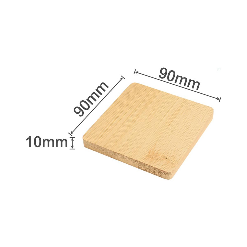 A square bamboo coaster with a smooth surface, measuring 90mm x 90mm and 10mm thick. Features a natural bamboo colour.