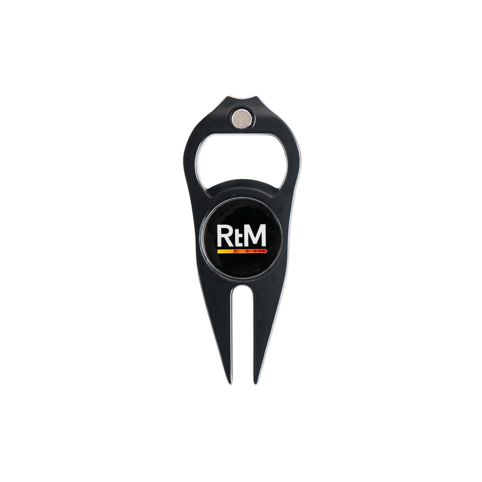 A black golf divot tool featuring a ball marker and bottle opener, with a logo in the centre.