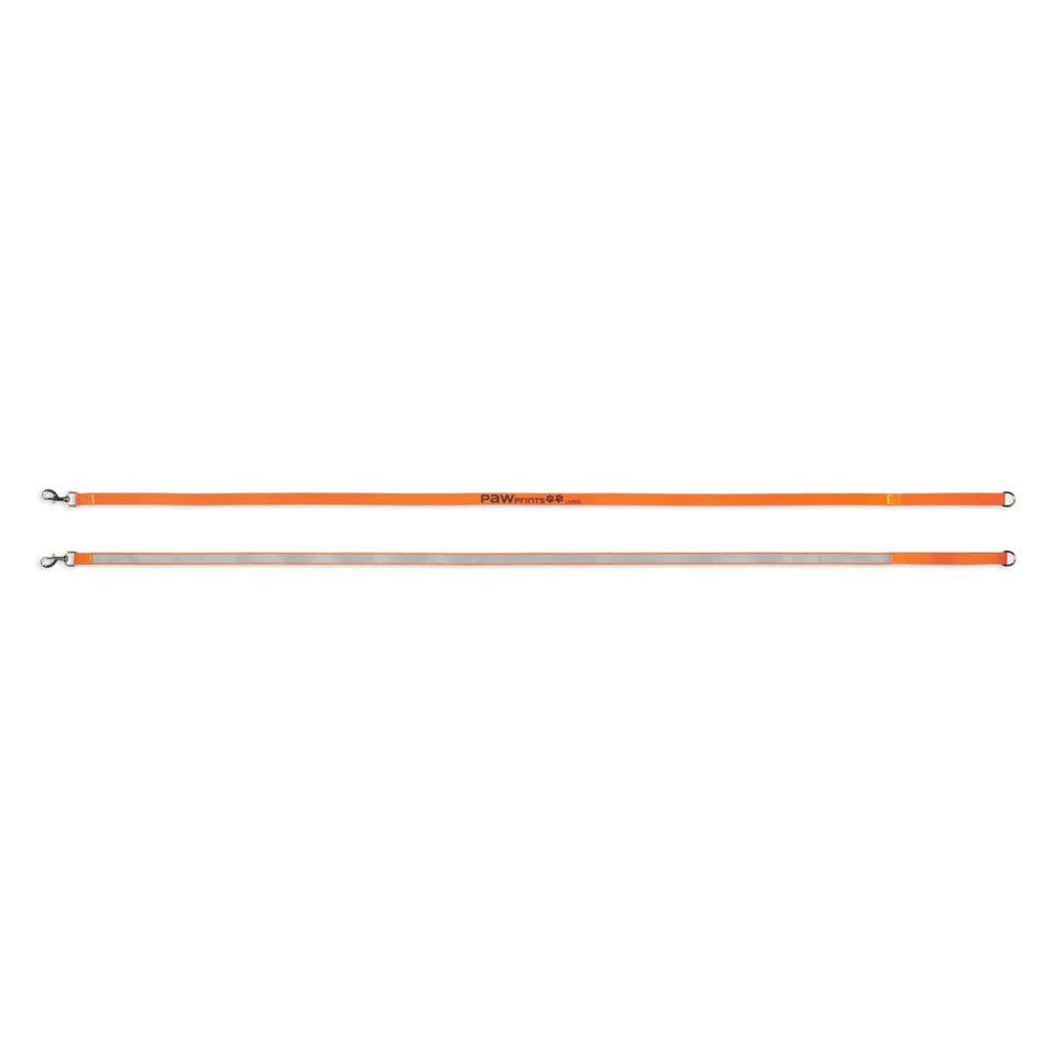 An orange printed dog lead with metal clips at each end, featuring a logo or branding.
