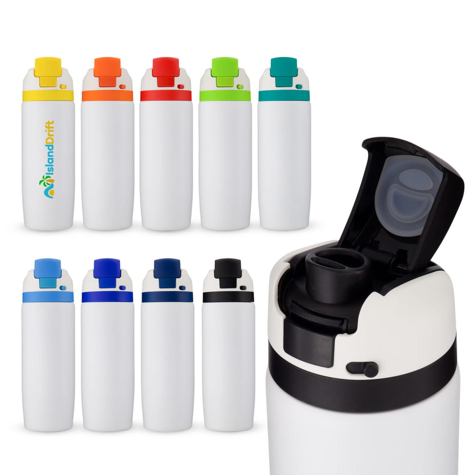 A drink bottle in various colours, featuring a flip-top lid and a logo on some models.