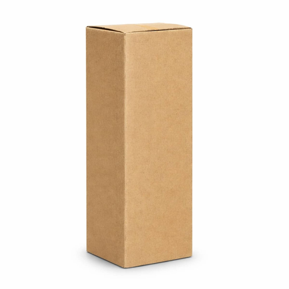 A drink bottle in a plain brown cardboard box. The box has a rectangular shape with no visible logos.